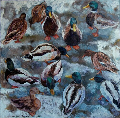 Christmas ducks de Nadezda Stupina, Pintura a la venta en Singulart