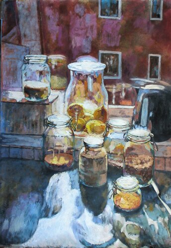 The sun in my house.Sun in the glass jars. van Nadezda Stupina, Werk op papier te koop op Singulart