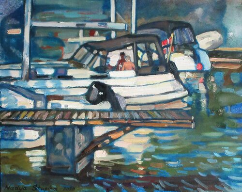Boats lit by the evening sun di Nadezda Stupina, Pittura in vendita su Singulart