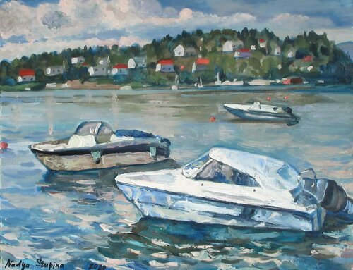 Boats Oslo fjord di Nadezda Stupina, Opera su carta in vendita su Singulart