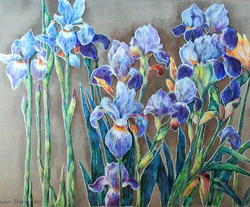 Irises on  gray background di Nadezda Stupina, Pittura in vendita su Singulart
