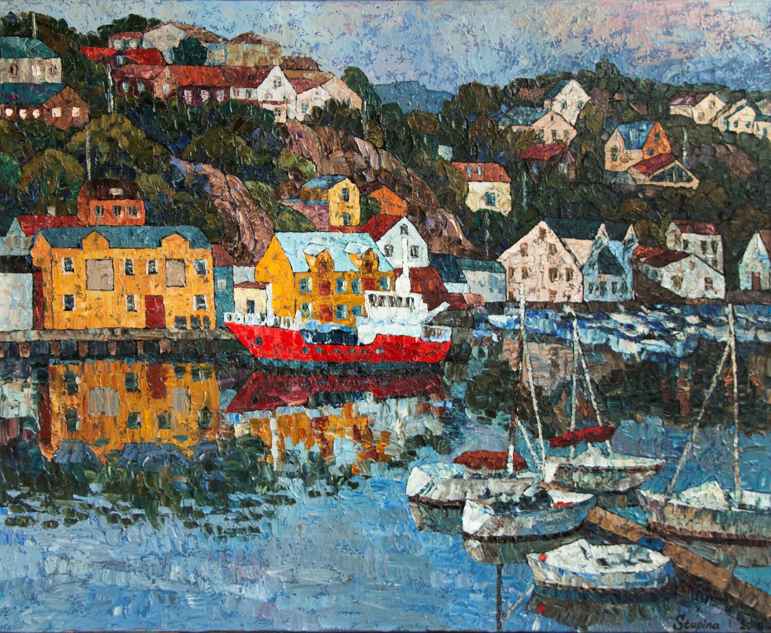 Boats of Kristiansund Nadezda Stupina Originalgemälde zu verkaufen