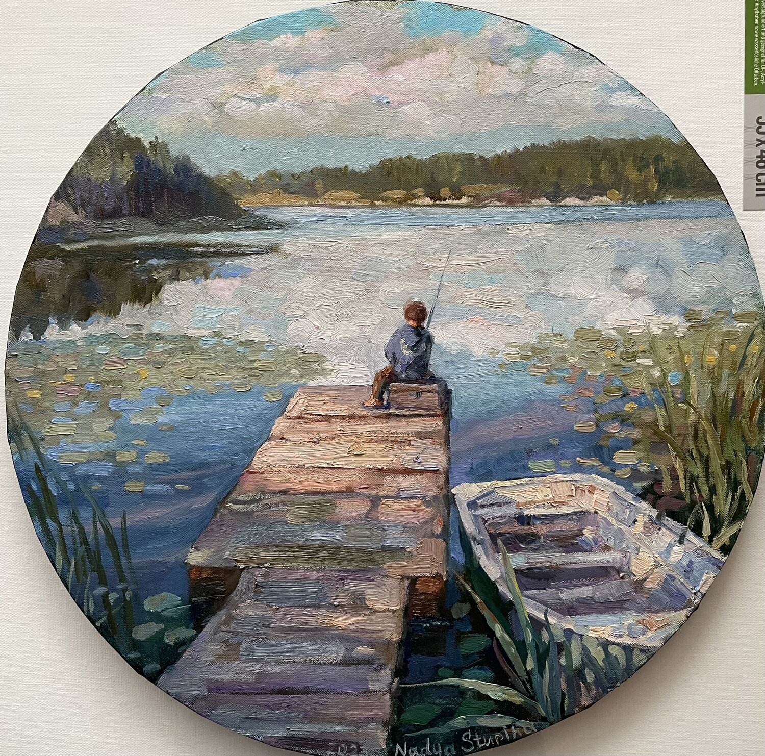Summer stories. Evening fishing. Nadezda Stupina Dipinto originale in vendita
