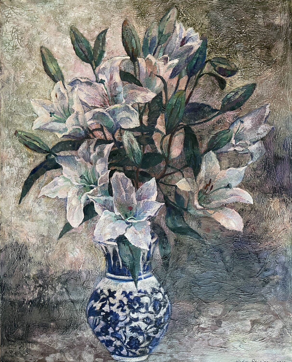 Lilies in a blue and white vase Nadezda Stupina Originalgemälde zu verkaufen