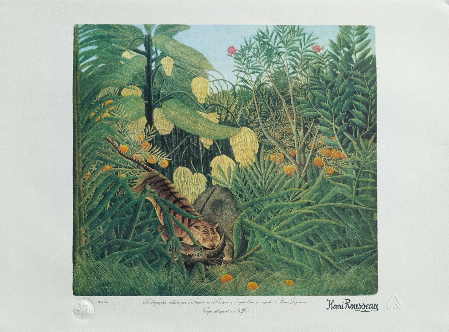 Tigre dévorant un buffle, Lithographie originale signée Henri Rousseau Impresión en venta