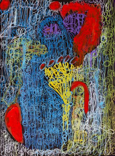 Woman in Blue with Yellow Flowers van Nathalie Gribinski, Schilderij te koop op Singulart
