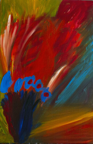 Blue flowers in the red par Nathalie Gribinski, Peinture en vente sur Singulart