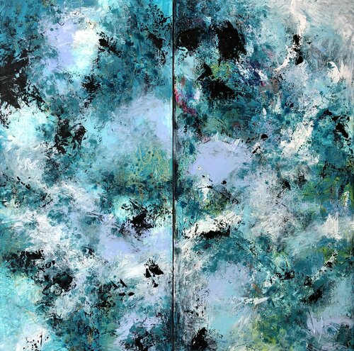Golden traces in turquise and no view of pink di Inge Thogersen, Pittura in vendita su Singulart