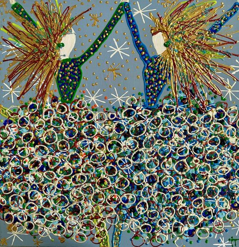 Daisy and Dolly in the blue with party dresses 2 by Inge Thogersen, Painting for Sale on Singulart