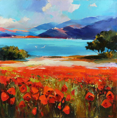 The whisper of the wind between the red flowers van Tatiana Yabloed, Schilderij te koop op Singulart