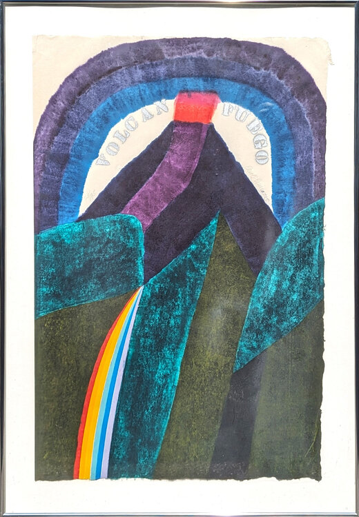 “Volcano Fuego” Modern Colorful Abstract Landscape Woodcut Print Ed. 74/75 Carol Summers