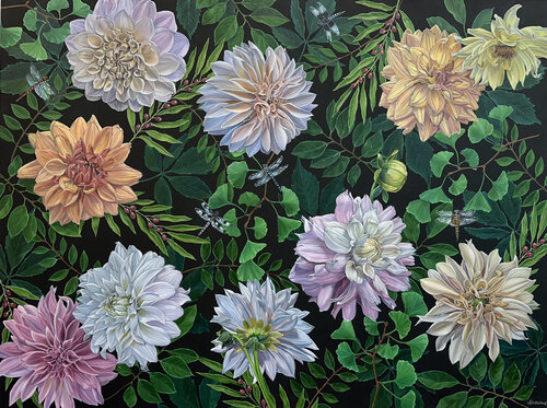 Dahlias and Dragonflies de Catherine Kirkwood, Pintura a la venta en Singulart