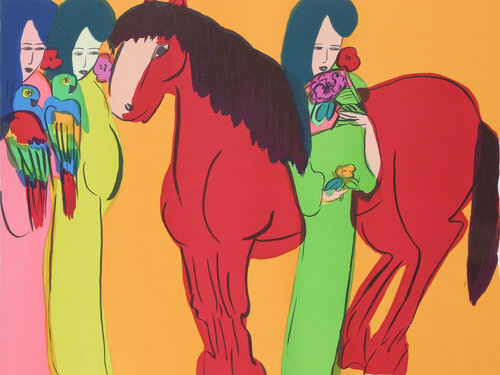 Three Geishas with Horse (Orange) Walasse Ting 丁雄泉