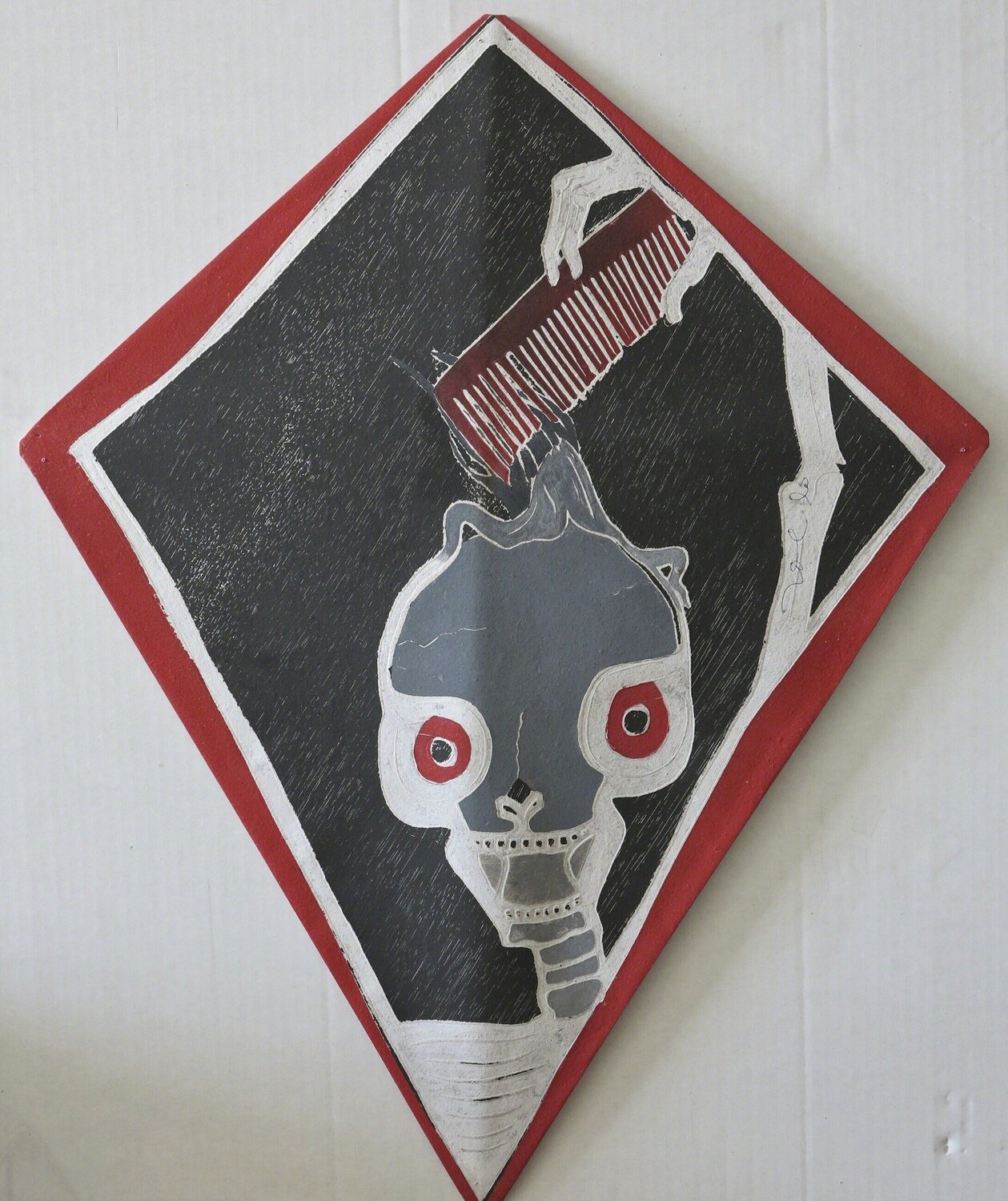 Calavera con peine rojo - hand painted, signed on the front  Francisco Toledo