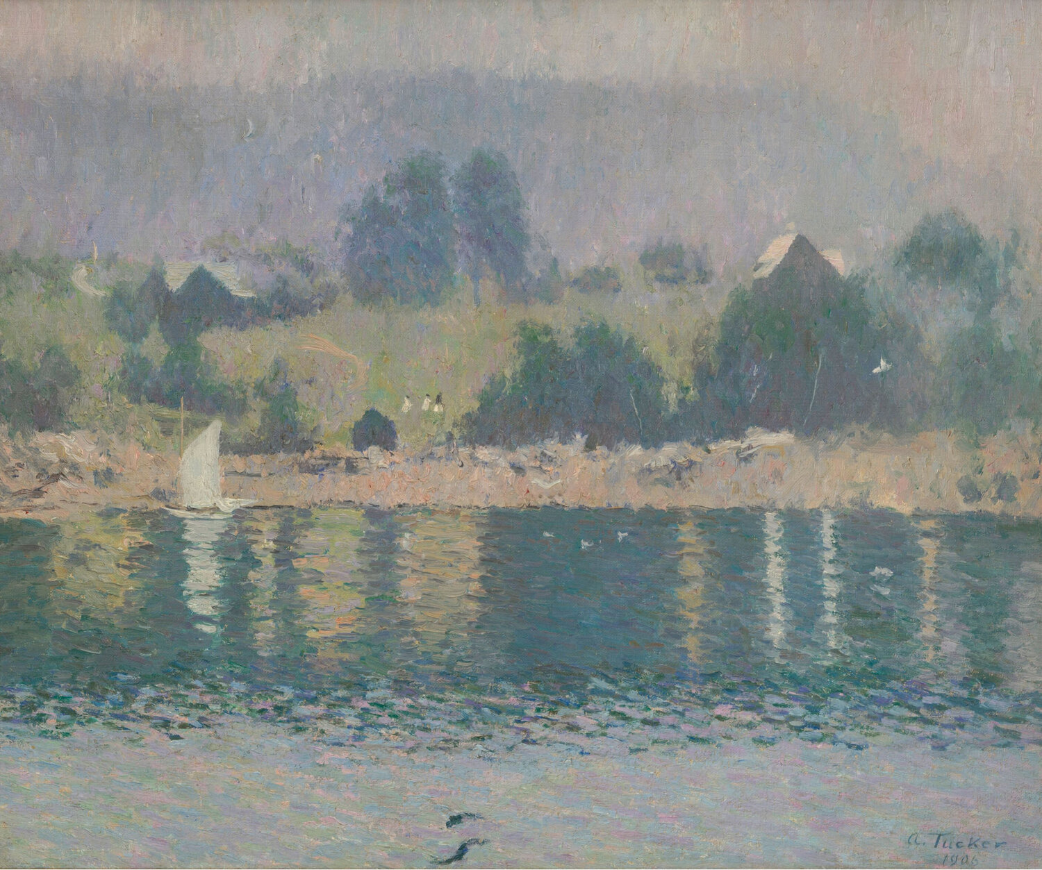 Misty Day, New England Harbor Allen Tucker Original painting for sale