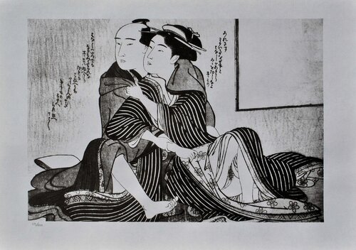 Un client timide, Lithographie érotique japonaise Kitagawa Utamaro