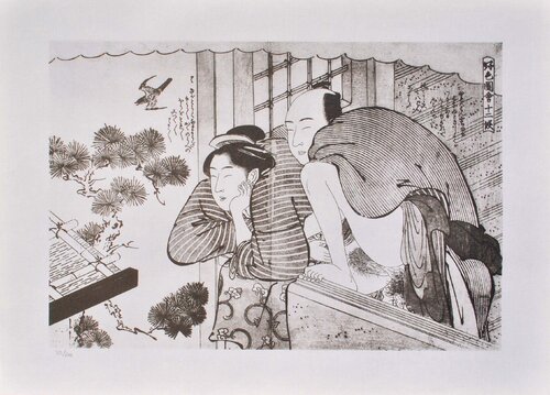 Bonheur au balcon, Lithographie érotique japonaise Kitagawa Utamaro