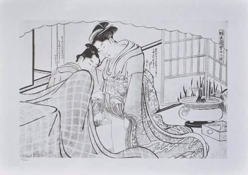Geisha en robe longue, Lithographie érotique japonaise Kitagawa Utamaro