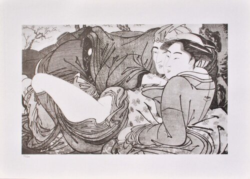 Le couple complice, Lithographie érotique japonaise van Kitagawa Utamaro, Afdruk te koop op Singulart