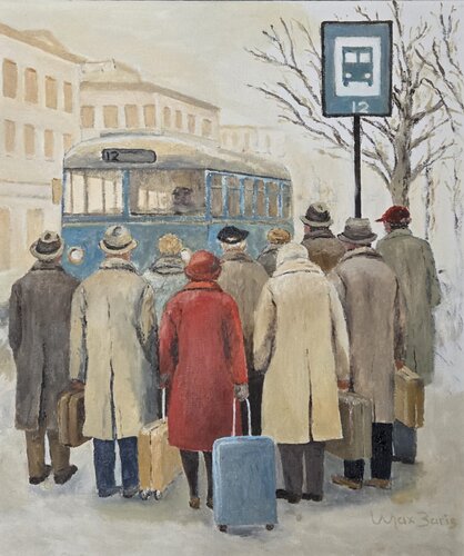 buses were used for transport di Max Baris, Pittura in vendita su Singulart