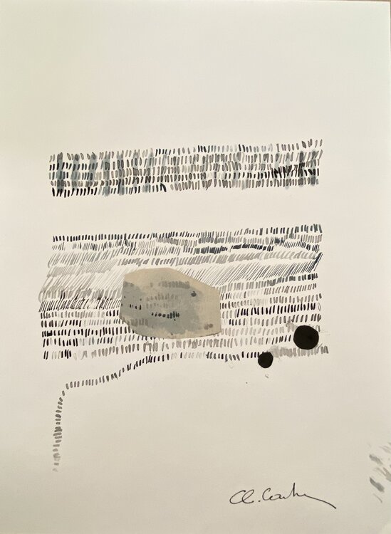 Composition 42  Encre de chine à la plume d'écolier collages papiers encrés découpés Chantal Cartier
