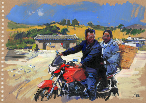 Two on the road, Muli-Tibet County, China (sketch) von Evgeniy Monahov, Werk auf Papier kaufen auf Singulart