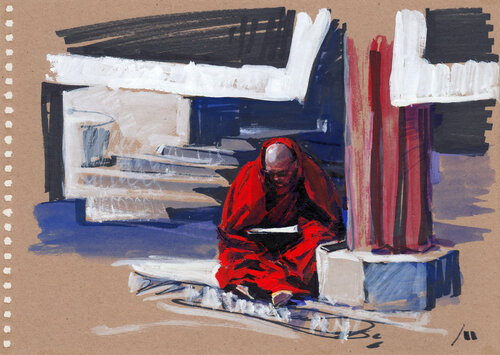 Kangwu Temple. Reading monk (sketch) von Evgeniy Monahov, Werk auf Papier kaufen auf Singulart