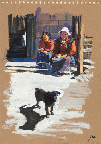 The Girls and their Dog in Tibetan village (sketch) van Evgeniy Monahov, Werk op papier te koop op Singulart