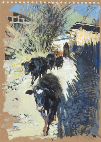 Cold early morning in Moso village (sketch) von Evgeniy Monahov, Werk auf Papier kaufen auf Singulart