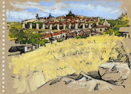 Avila. Town behind the wall de Evgeniy Monahov, Obra en papel a la venta en Singulart