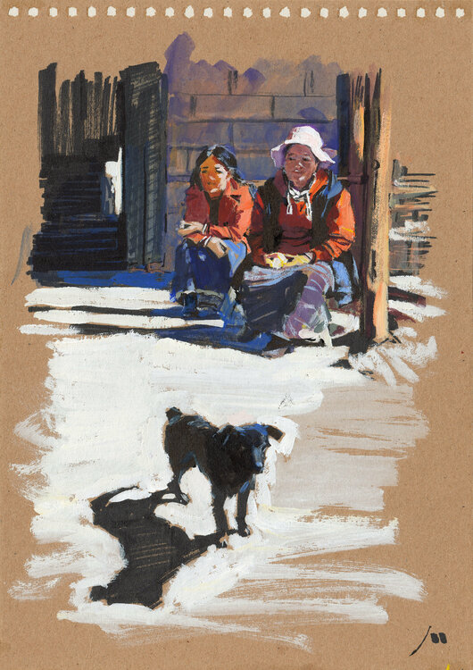 The Girls and their Dog in Tibetan village (sketch) Evgeniy Monahov