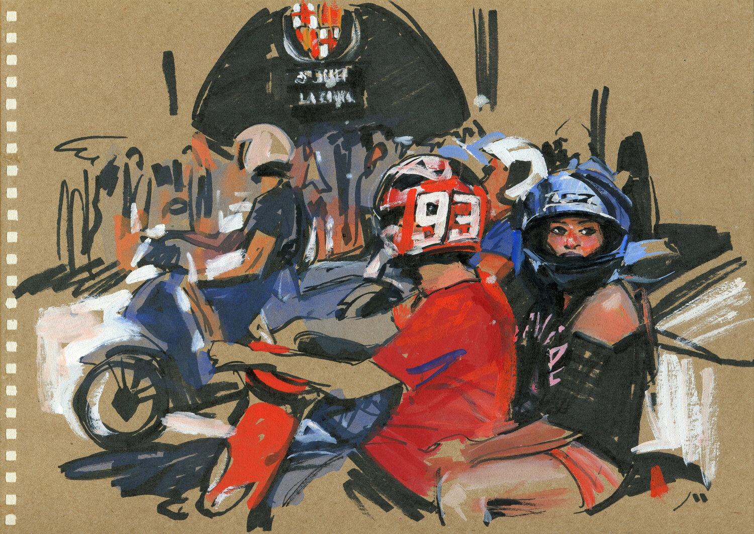 Motorcyclists across from Boqueria Market Evgeniy Monahov Werk auf Papier zu verkaufen