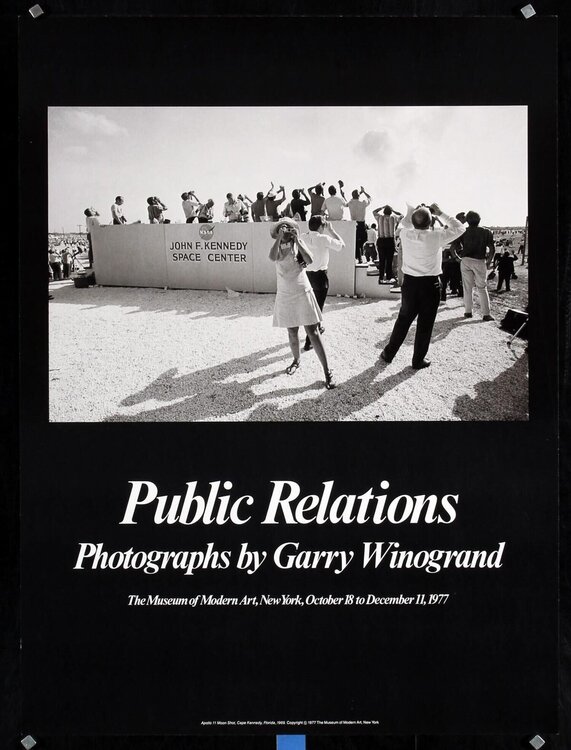 Public Relations, Photographs by Garry Winogrand, MOMA,NY  (Thin Black Border, blue tape bottom border and magnets are not on the actual poster) Garry Winogrand