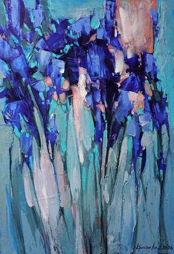 Nightingale's song, Iris flowers di Anastasia Kraineva, Pittura in vendita su Singulart