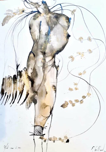 Mets-moi à nu - 50 cm x 65 cm - brou de noix, encre de Chine encore or - 2020 di Emilie Teillaud, Opera su carta in vendita su Singulart