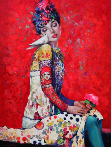 The girl with a dove di Emil Aziz, Pittura in vendita su Singulart