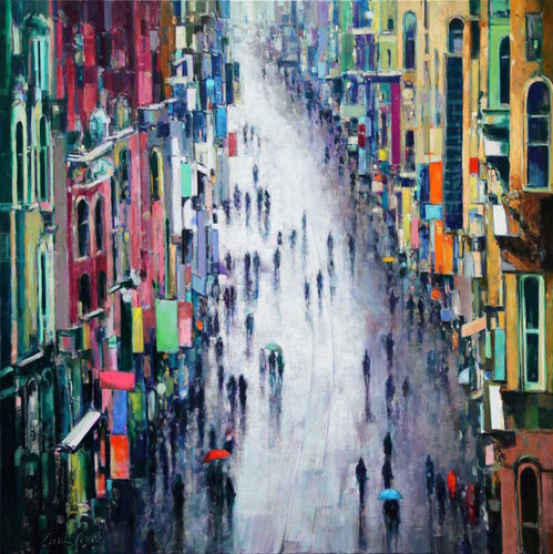 Rainy Istiklal Street di Emil Aziz, Pittura in vendita su Singulart