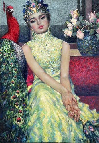 Girl with the Red Peacock von Emil Aziz, Malerei kaufen auf Singulart