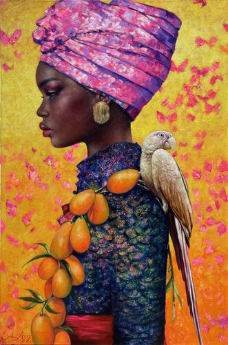 Lady with a Parrot van Emil Aziz, Schilderij te koop op Singulart