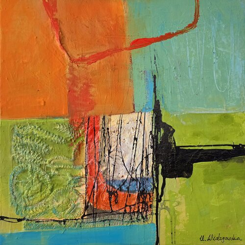 Welten im Wandel: Geometrische Pulsationen von Oben de Urszula Widzgowska, Pintura a la venta en Singulart