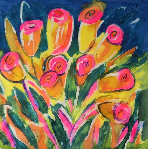 Lebendige Tulpen: Ein Tanz der Farben auf Seide Urszula Widzgowska