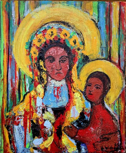 Black Madonna – Slavic Spirit in Stripes de Urszula Widzgowska, Pintura a la venta en Singulart