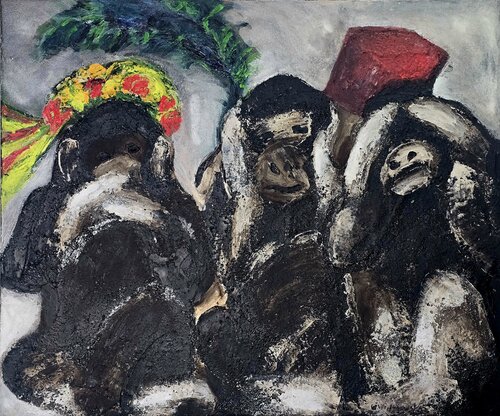 Three Kraków Monkeys: Folk Wisdom in Earthy Tones von Urszula Widzgowska, Malerei kaufen auf Singulart