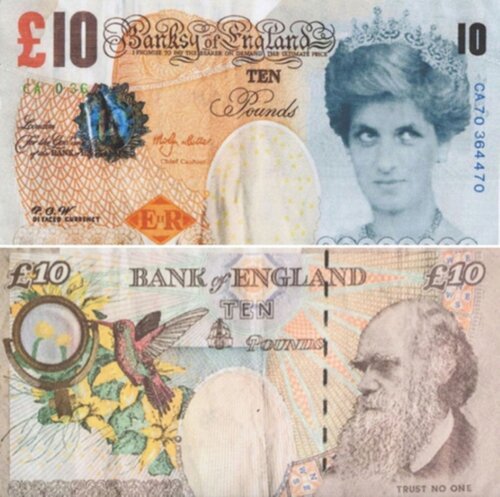 Lady Di Faced Tenner (Billet face similé de 10 £) van Banksy, Werk op papier te koop op Singulart