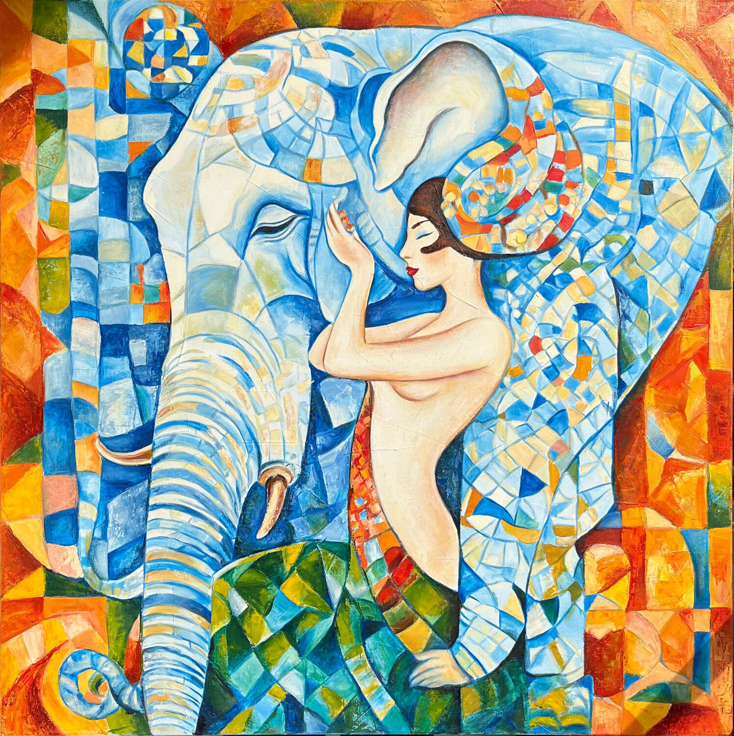 The girl and elephante Natalya Gripas Originalgemälde zu verkaufen
