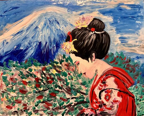Geisha a primavera sotto il monte Fuji di Mario Pratesi, Pittura in vendita su Singulart