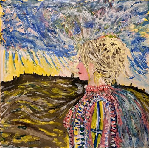 La signora della pioggia in visita a Pienza de Mario Pratesi, Pintura a la venta en Singulart