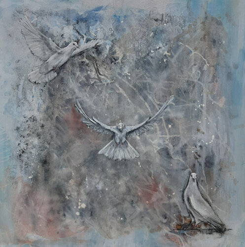 Drei weiße Tauben von Sabine Brandenburg, Malerei kaufen auf Singulart