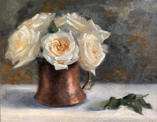 Cream Roses in a Copper Pot by Lisa Mistiuk, Painting for Sale on Singulart