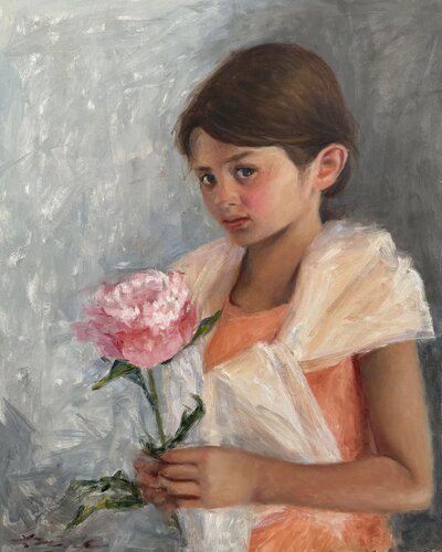 Girl with Peony by Lisa Mistiuk, Painting for Sale on Singulart